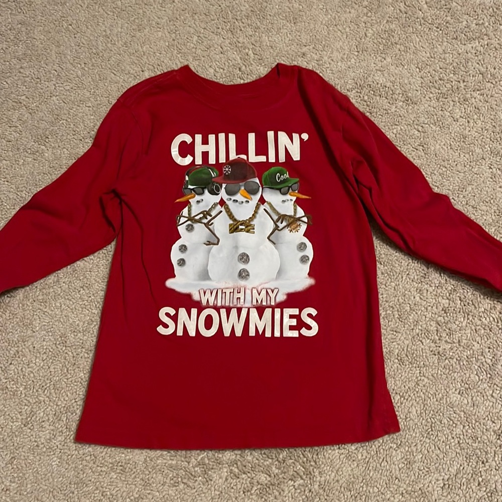 Chillin’ With My Snowmies Holiday Time Boys Long Sleeve Red Tee Size Small